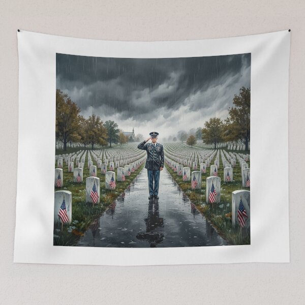 Item preview, American Soldier Saluting Military Cemetery In The Rain designed and sold by Home Decor Art.