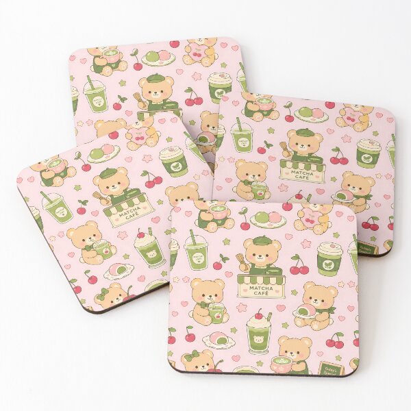 Item preview, Teddy Bear Cherry Matcha Coffee Pattern designed and sold by Soft Berry Studio.