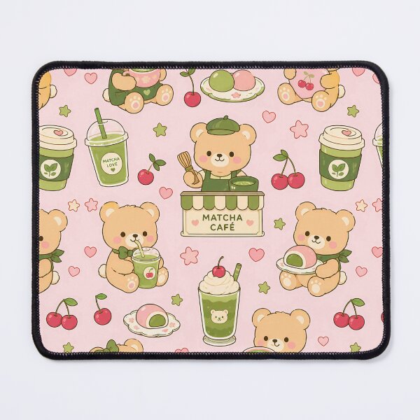 Item preview, Teddy Bear Cherry Matcha Coffee Pattern designed and sold by Soft Berry Studio.