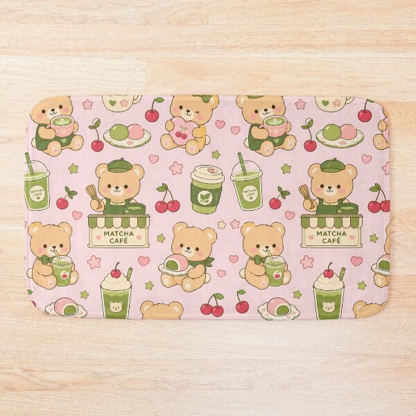 Item preview, Teddy Bear Cherry Matcha Coffee Pattern designed and sold by Soft Berry Studio.