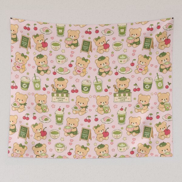 Item preview, Teddy Bear Cherry Matcha Coffee Pattern designed and sold by Soft Berry Studio.