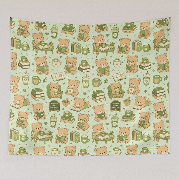 Item preview, Teddy Bear Matcha Reading Club Pattern designed and sold by Soft Berry Studio.
