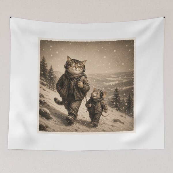 Item preview, Snowy Symphony – Cozy Cat & Mouse Winter Adventure | Vintage Woodland Friendship Art designed and sold by HOUSE OF TIST.