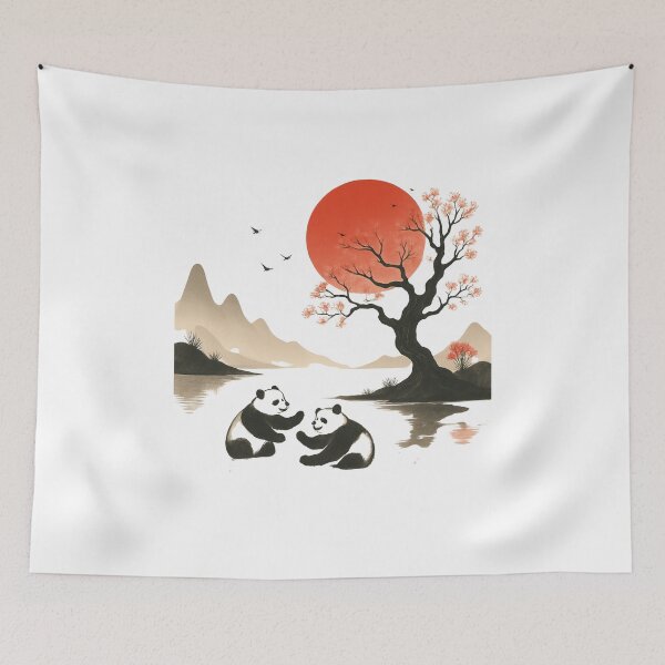 Item preview, Minimalist Japanese inspired Sunset /Landscape scene with 2 Pandas Graphic design for t-shirts and accessories  designed and sold by MKTreasures.