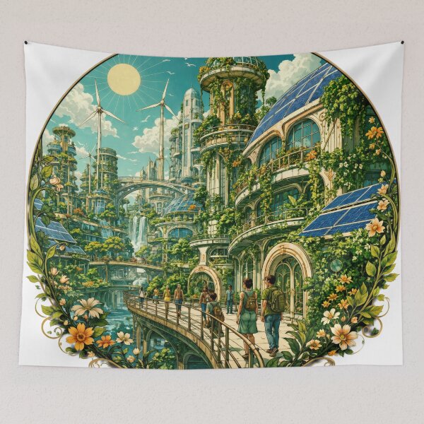 Item preview, Sticker - Decal - T-shirt: Green Utopia — Solarpunk City of the Future in Full Bloom designed and sold by ForeverPrintsOK.