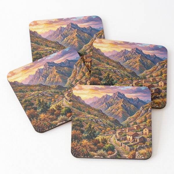 Item preview, MOUNTAIN LANDSCAPE AT SUNSET OIL PAINTING RUSTIC VILLAGE AND VALLEY designed and sold by Curiosiart.