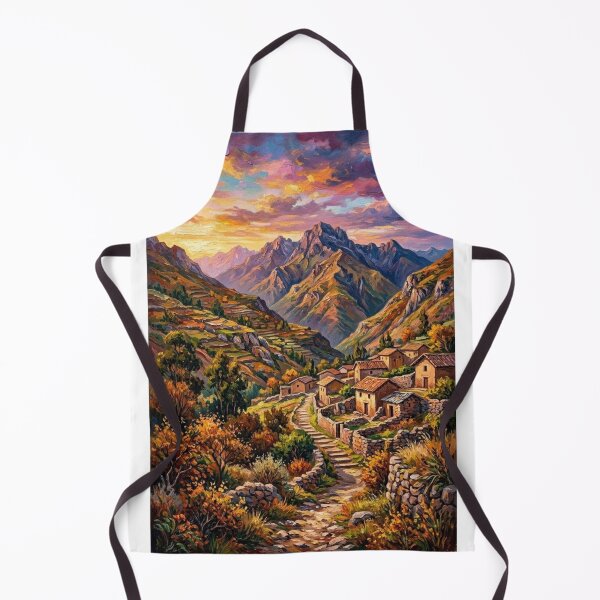 Item preview, MOUNTAIN LANDSCAPE AT SUNSET OIL PAINTING RUSTIC VILLAGE AND VALLEY designed and sold by Curiosiart.
