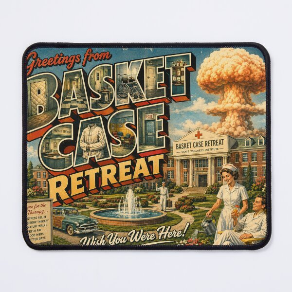 Item preview, Greetings From Basket Case Retreat — Retro Postcard Funny Mental Health Humor Tee designed and sold by CerealBoxInk.