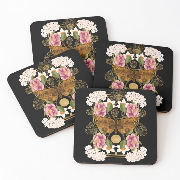 Item preview, An elegant symmetrical illustration in a witchy style. A large brown moth is set against white daffodils, soft pink roses, and mystical golden lunar geometry on a deep black background. designed and sold by Grin Katalina Floral Patterns & Cozy Art.