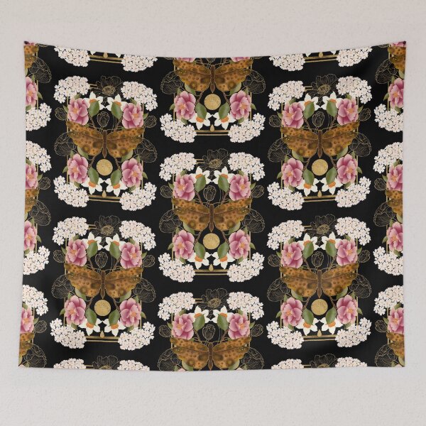 Item preview, An elegant symmetrical illustration in a witchy style. A large brown moth is set against white daffodils, soft pink roses, and mystical golden lunar geometry on a deep black background. designed and sold by Grin Katalina Floral Patterns & Cozy Art.