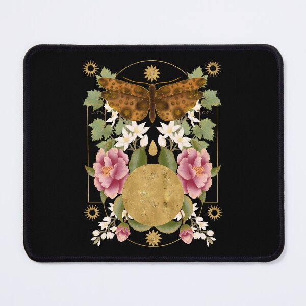 Item preview, A luxurious dark botanical poster print. At the center is a huge golden textured moon with a moth hovering above it, surrounded by lush pink camellias and white flowers. Full moon nature magic. designed and sold by Grin Katalina Floral Patterns & Cozy Art.