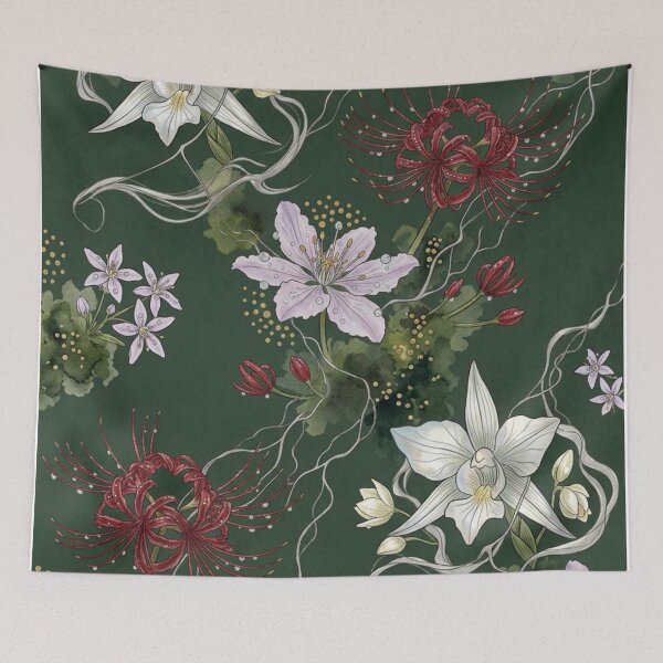 Item preview, Forest Alchemy Spider Lily Orchid Botanical - Dark Green Seamless Floral Pattern - Japanese Cherry Blossom Illustration - Asian Dark Romance Gift designed and sold by WitchyBotanicaArt.
