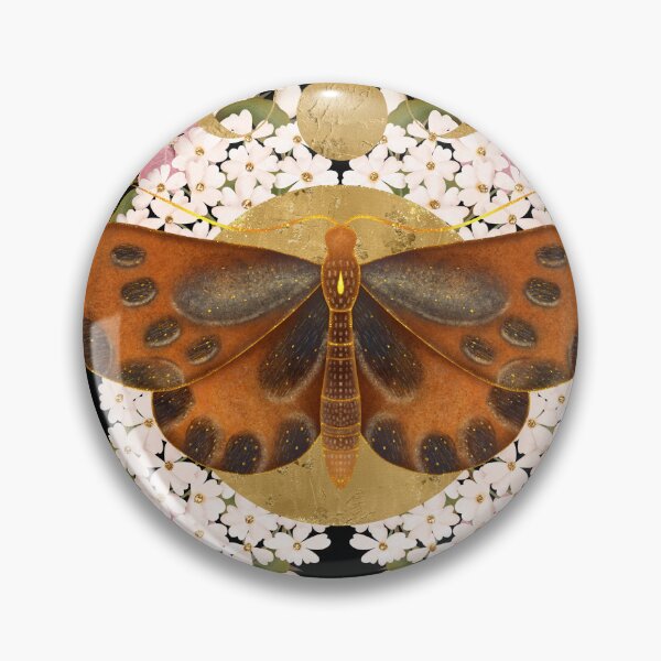 Item preview, A luxurious dark botanical poster print. At the center is a huge golden textured moon with a moth hovering above it, surrounded by lush pink camellias and white flowers. Full moon nature magic. designed and sold by Grin Katalina Floral Patterns & Cozy Art.