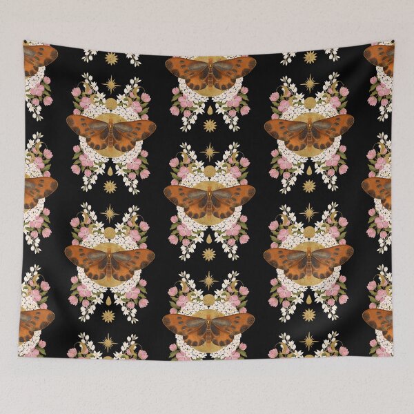 Item preview, A luxurious dark botanical poster print. At the center is a huge golden textured moon with a moth hovering above it, surrounded by lush pink camellias and white flowers. Full moon nature magic. designed and sold by Grin Katalina Floral Patterns & Cozy Art.
