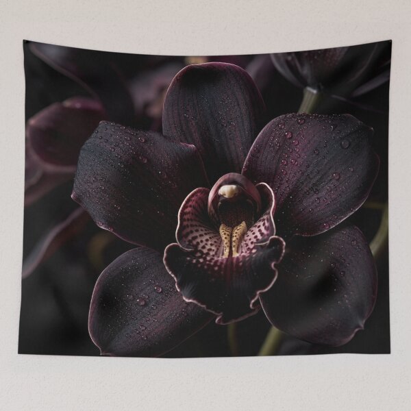 Item preview, Dark Botanical Photorealistic Orchid - Burgundy Black Macro Photography - Water Drops Moody Floral Art - Fine Art Orchid Print - Dark Romantic Gift designed and sold by WitchyBotanicaArt.
