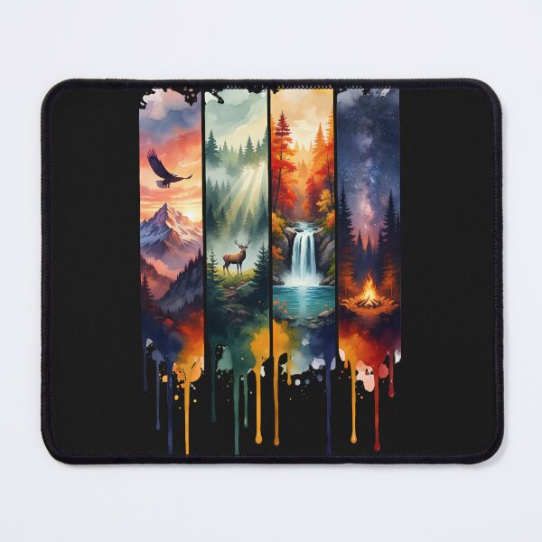 Item preview, Four Seasons Nature Watercolor Panel Art – Eagle Mountain Deer Forest Waterfall Campfire Wilderness Tee designed and sold by QuirkyCloud Designs.
