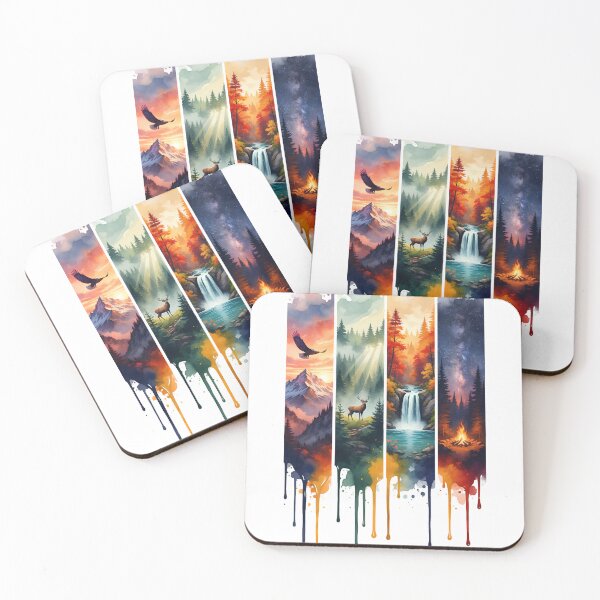 Item preview, Four Seasons Nature Watercolor Panel Art – Eagle Mountain Deer Forest Waterfall Campfire Wilderness Tee designed and sold by QuirkyCloud Designs.