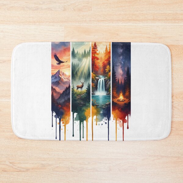 Item preview, Four Seasons Nature Watercolor Panel Art – Eagle Mountain Deer Forest Waterfall Campfire Wilderness Tee designed and sold by QuirkyCloud Designs.