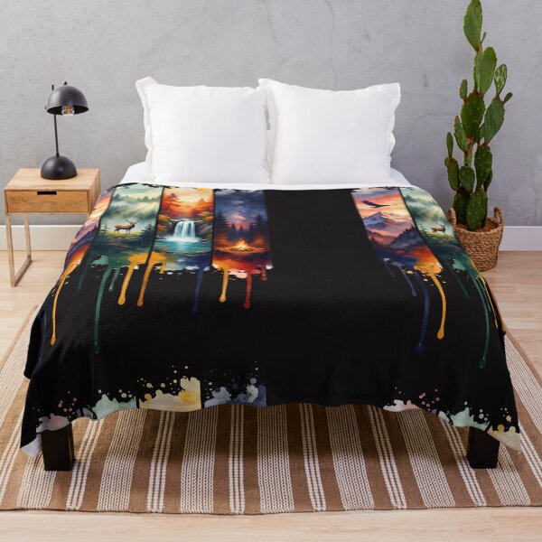 Item preview, Four Seasons Nature Watercolor Panel Art – Eagle Mountain Deer Forest Waterfall Campfire Wilderness Tee designed and sold by QuirkyCloud Designs.