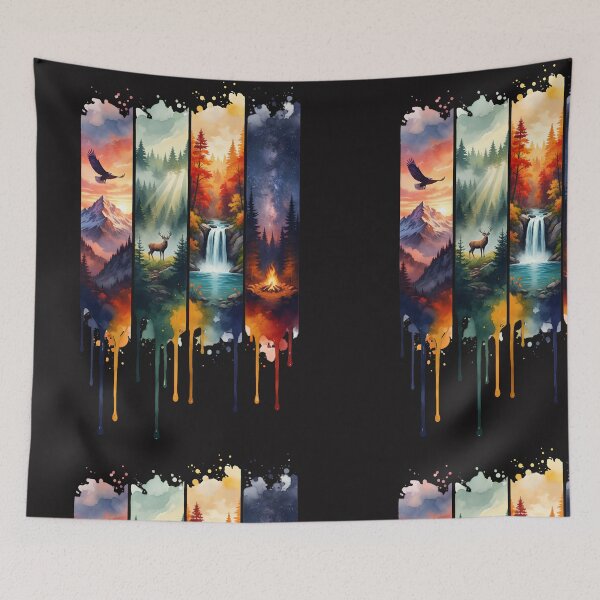 Item preview, Four Seasons Nature Watercolor Panel Art – Eagle Mountain Deer Forest Waterfall Campfire Wilderness Tee designed and sold by QuirkyCloud Designs.