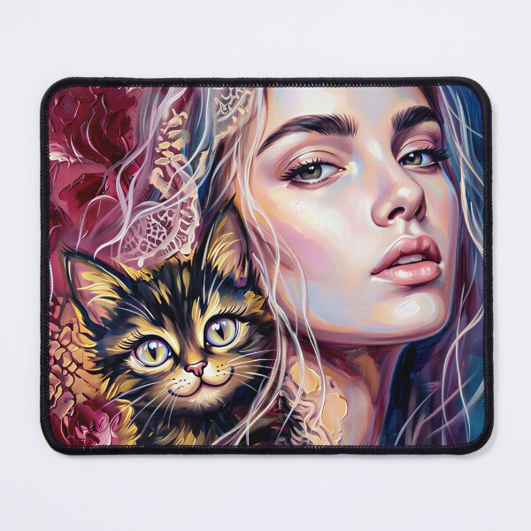 Item preview, Painterly Woman Portrait with Cat – Textured Oil Painting Wall Art designed and sold by QQQueen.