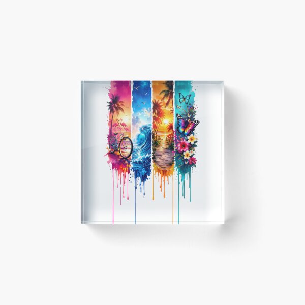 Item preview, Tropical Summer Watercolor Panel Art – Flamingo Beach Bicycle Ocean Wave Sunset Boardwalk Butterfly Flowers Tee designed and sold by QuirkyCloud Designs.