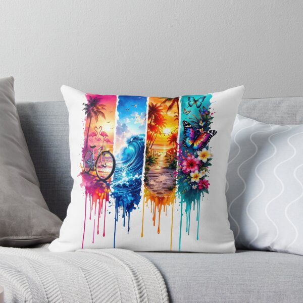 Item preview, Tropical Summer Watercolor Panel Art – Flamingo Beach Bicycle Ocean Wave Sunset Boardwalk Butterfly Flowers Tee designed and sold by QuirkyCloud Designs.