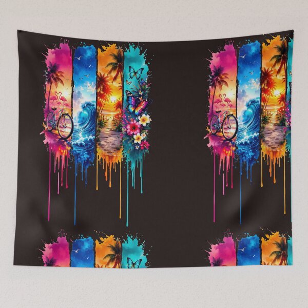 Item preview, Tropical Summer Watercolor Panel Art – Flamingo Beach Bicycle Ocean Wave Sunset Boardwalk Butterfly Flowers Tee designed and sold by QuirkyCloud Designs.