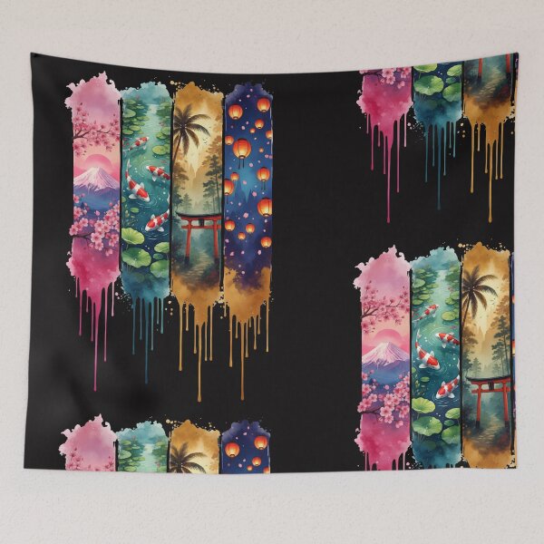 Item preview, Japanese Watercolor Panel Art – Mount Fuji Cherry Blossom Koi Pond Torii Gate Lantern Festival Tee designed and sold by QuirkyCloud Designs.