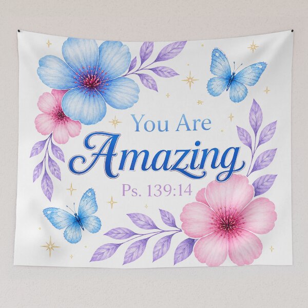 Artikelvorschau, Du bist großartig – Christliches Design – Psalm 139,14: Ermutigender Bibelvers mit Blumen und Schmetterlingen entworfen und verkauft von FaithThroughEverySeason.