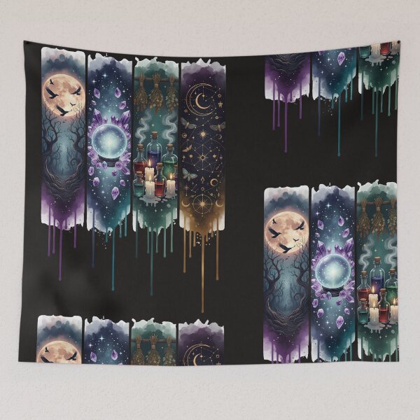 Item preview, Witchy Watercolor Panel Art – Full Moon Ravens Crystal Ball Potion Bottles Dried Herbs Celestial Constellation Tee designed and sold by QuirkyCloud Designs.