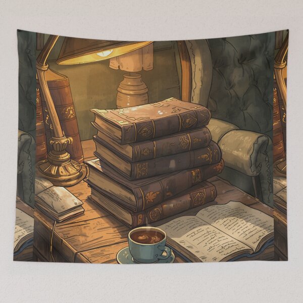 Item preview, Cozy Vintage Reading Nook with Antique Books and Warm Lamp designed and sold by Evergreen Horizon Works.