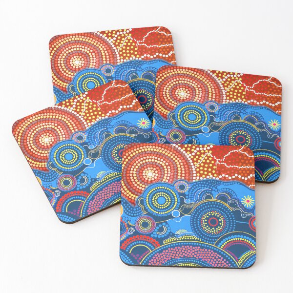 Item preview, Aboriginal Dot Painting Bedding Set Ocean And Sun Blue Red designed and sold by AboriginalartVI.