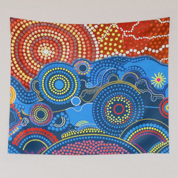 Item preview, Aboriginal Dot Painting Bedding Set Ocean And Sun Blue Red designed and sold by AboriginalartVI.