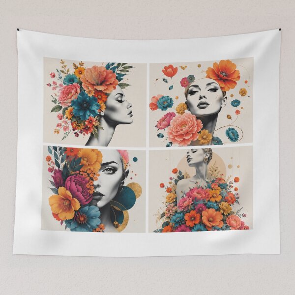 Item preview, Floral Woman Collage Black and White Colorful Flowers Wall Art Print designed and sold by Leogasup.