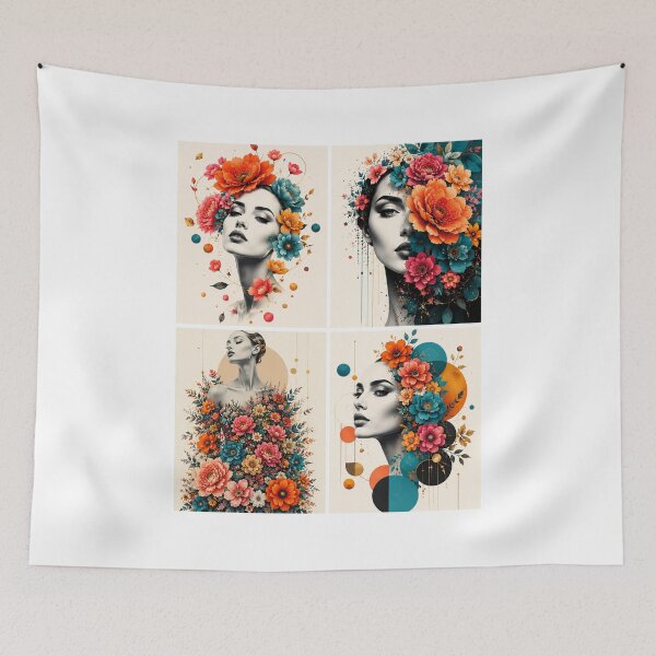 Item preview, Floral Woman Four Panel Collage Colorful Flowers Boho Wall Art designed and sold by Leogasup.