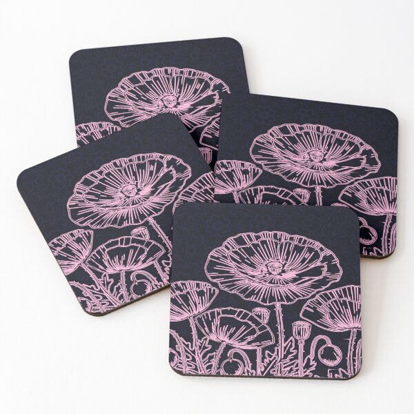 Artikelvorschau, Pink Poppy Line Art on Dark Floral Pattern entworfen und verkauft von ArtByBoya.