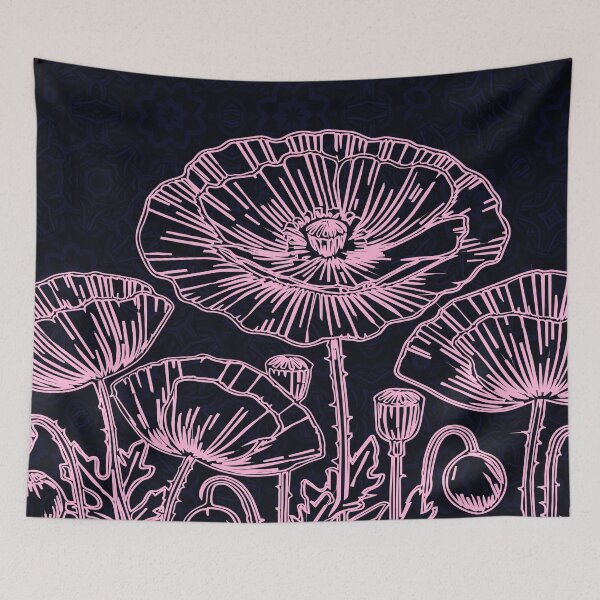 Item preview, Pink Poppy Line Art on Dark Floral Pattern designed and sold by ArtByBoya.