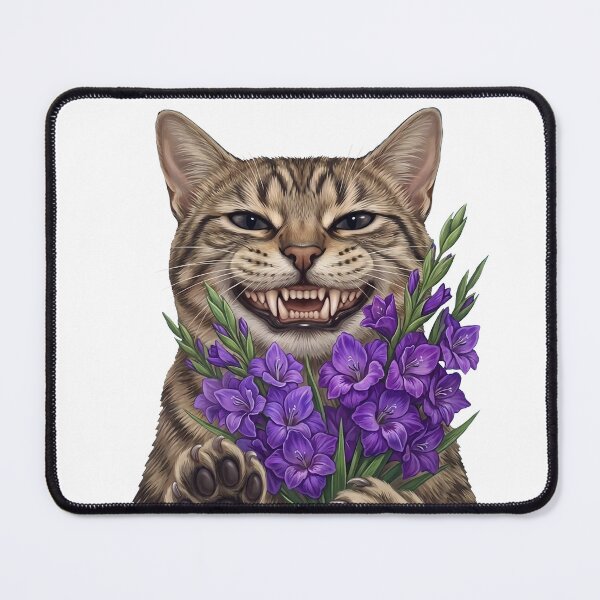 Item preview, Funny Smiling Cat with Purple Flowers – Cute Creepy Cat Lover Gift Design designed and sold by BlackCat Vibe.