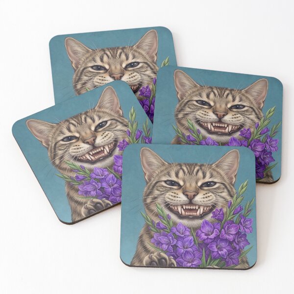 Item preview, Funny Smiling Cat with Purple Flowers – Cute Creepy Cat Lover Gift Design designed and sold by BlackCat Vibe.