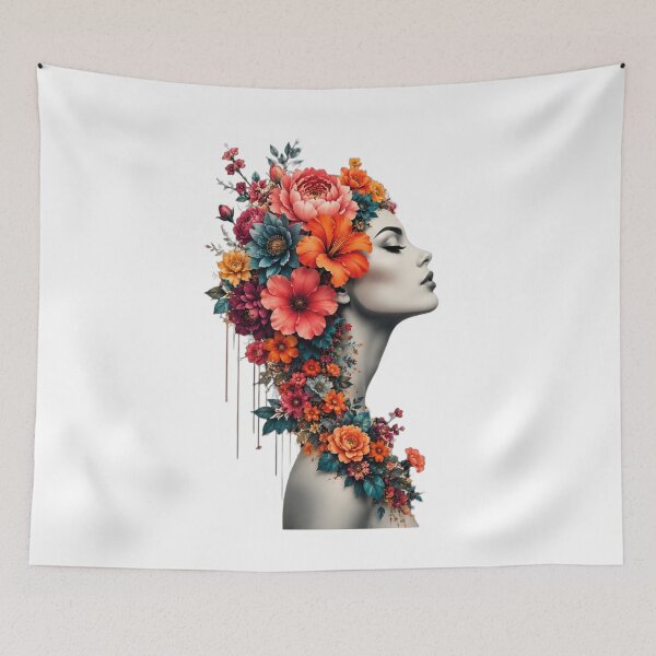 Item preview, Floral Woman Dripping Colorful Flowers Profile Black and White Art Print designed and sold by Leogasup.