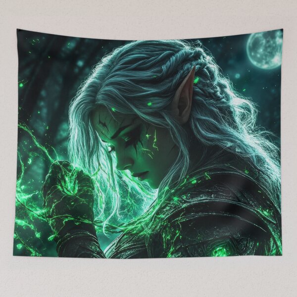Item preview, Dark Elf Emerald Sorceress | Arcane Moonlit Fantasy Art designed and sold by DrakariArt.