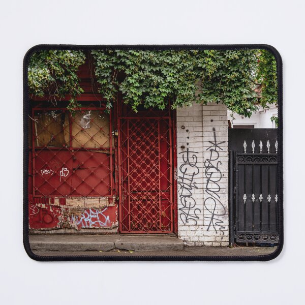 Item preview, Abandoned Red Gate with Ivy and Graffiti — Urban Street Photography designed and sold by Rabee Khalil Photography.