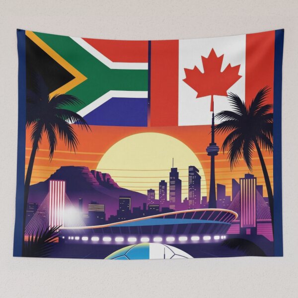 Item preview, South Africa vs Canada 2026 Retro Synthwave City Skyline Soccer Art designed and sold by Nexus Space.