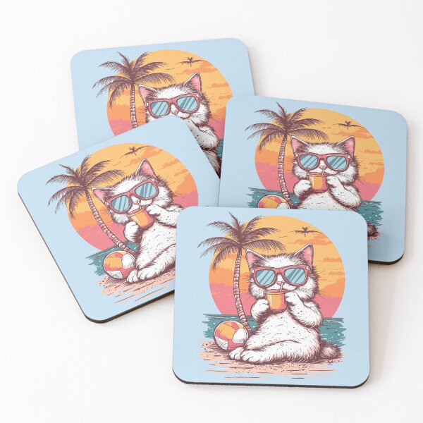 Item preview, White Fluffy Cat Retro Sunset Beach Scene designed and sold by grenithh.