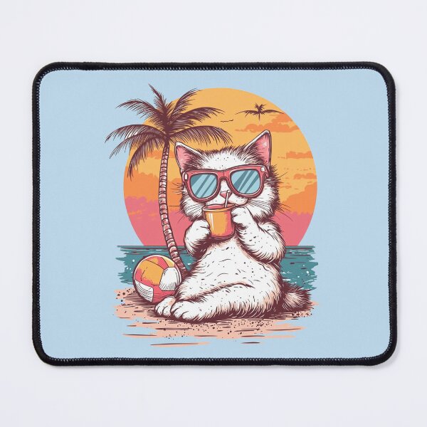 Item preview, White Fluffy Cat Retro Sunset Beach Scene designed and sold by grenithh.