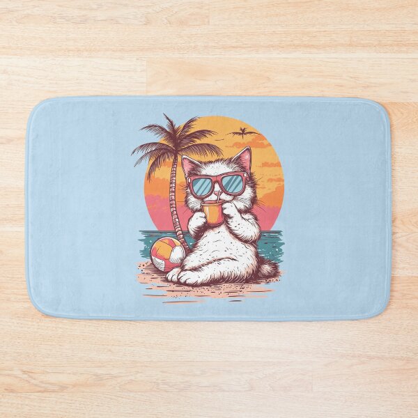 Item preview, White Fluffy Cat Retro Sunset Beach Scene designed and sold by grenithh.