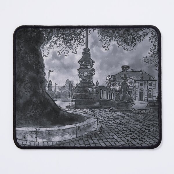 Item preview, Main Street with Golden Rider – Black and White Ink Urban Sketch designed and sold by UMA Urban Sketch.