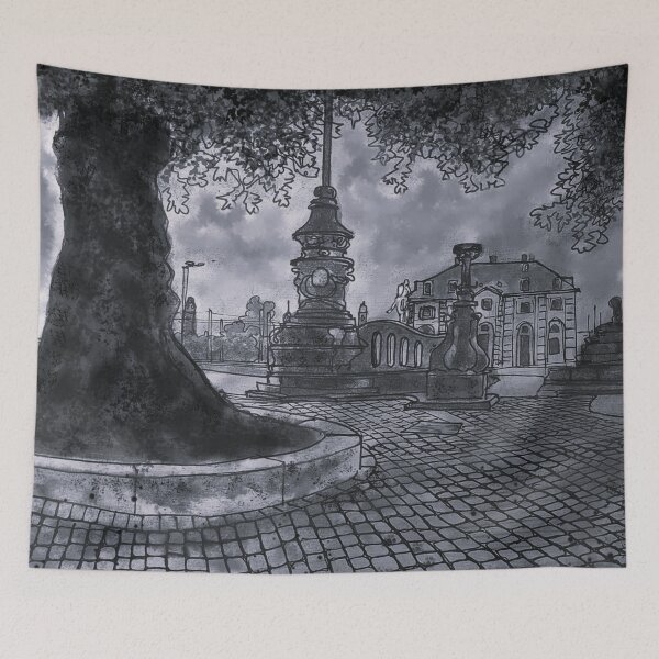 Item preview, Main Street with Golden Rider – Black and White Ink Urban Sketch designed and sold by UMA Urban Sketch.