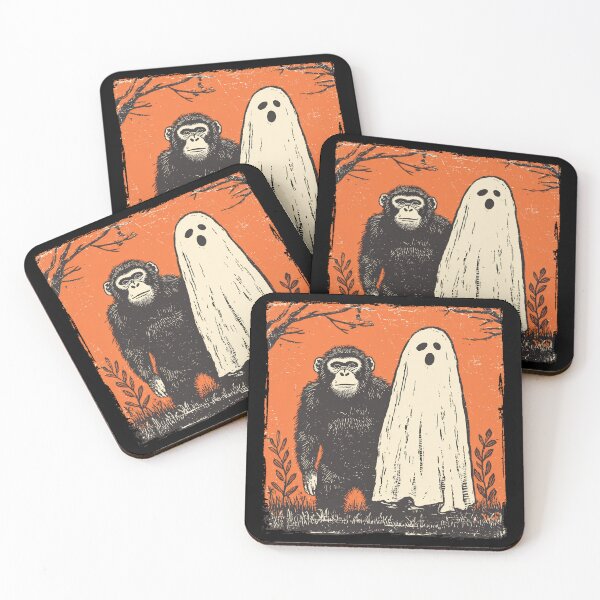 Item preview, Chimpanzee and Ghost Halloween Woodcut designed and sold by grenithh.